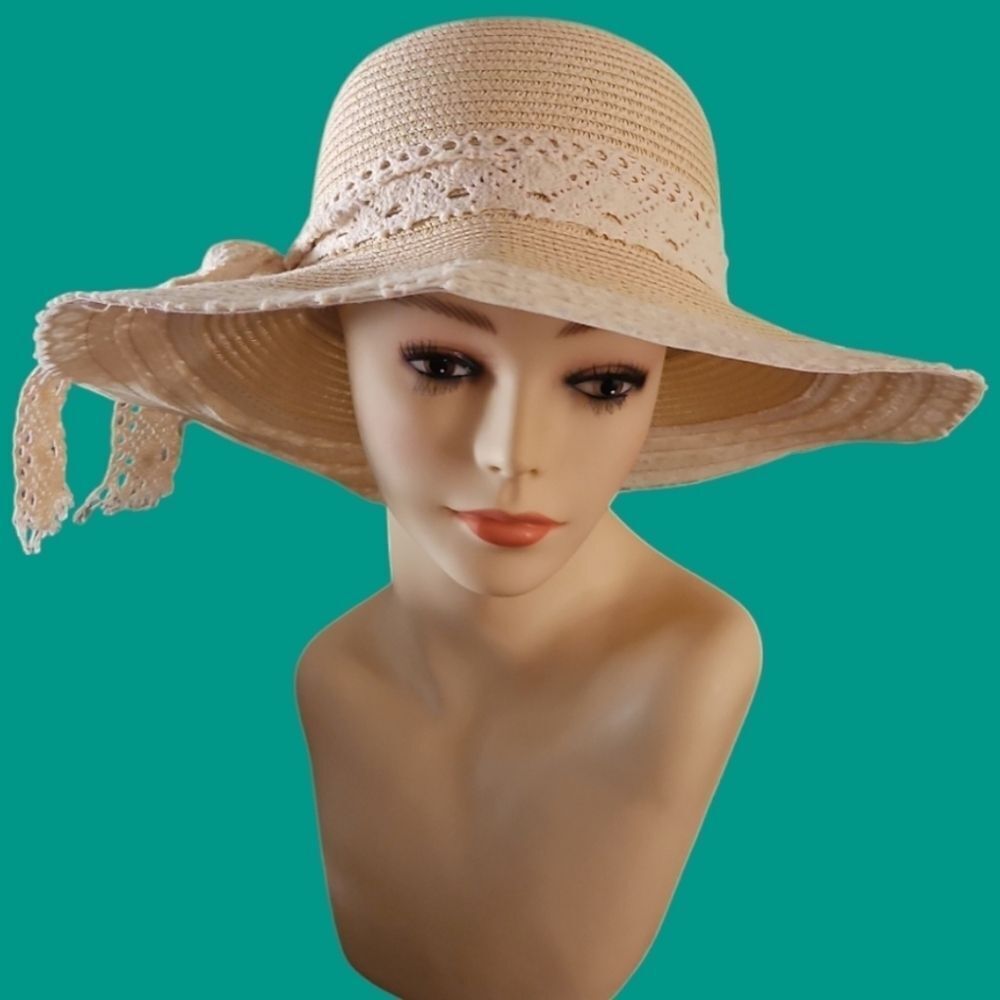 VTG 29 PALMS Cream Lace Bow Floppy Beach Coquette Hat